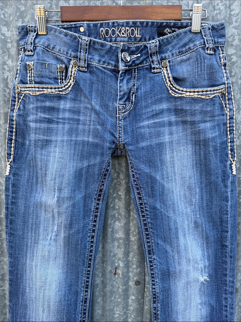 Rock & Roll Cowgirl Original Low-Rise Distressed Bootcut Denim Blue Jeans